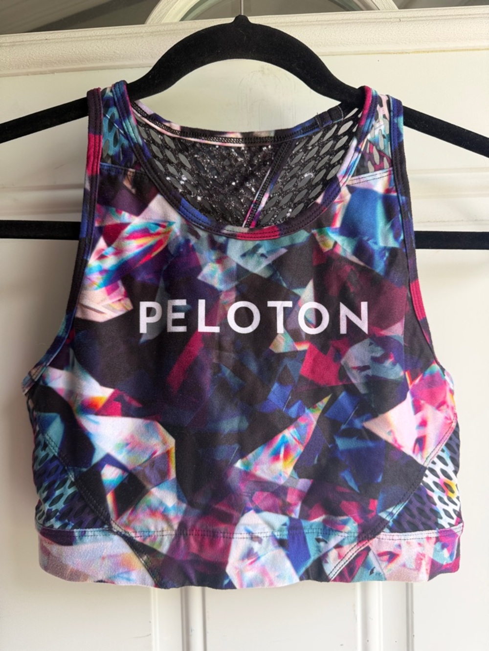 Peloton WITH brand geometric print sports bra, medium.